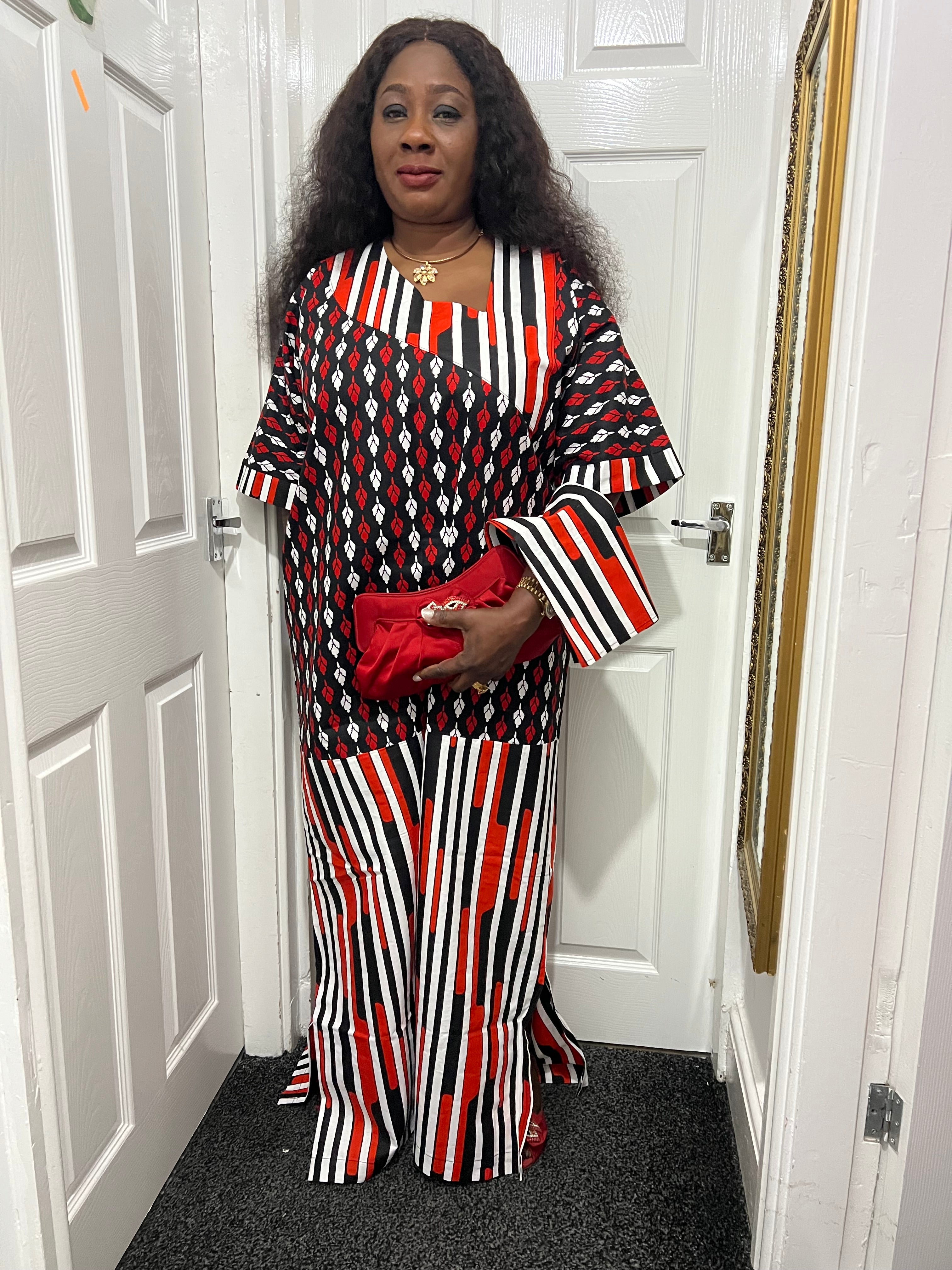 African Ankara High Target Kaftan - Red, White & Black - UK Size 10/12/14