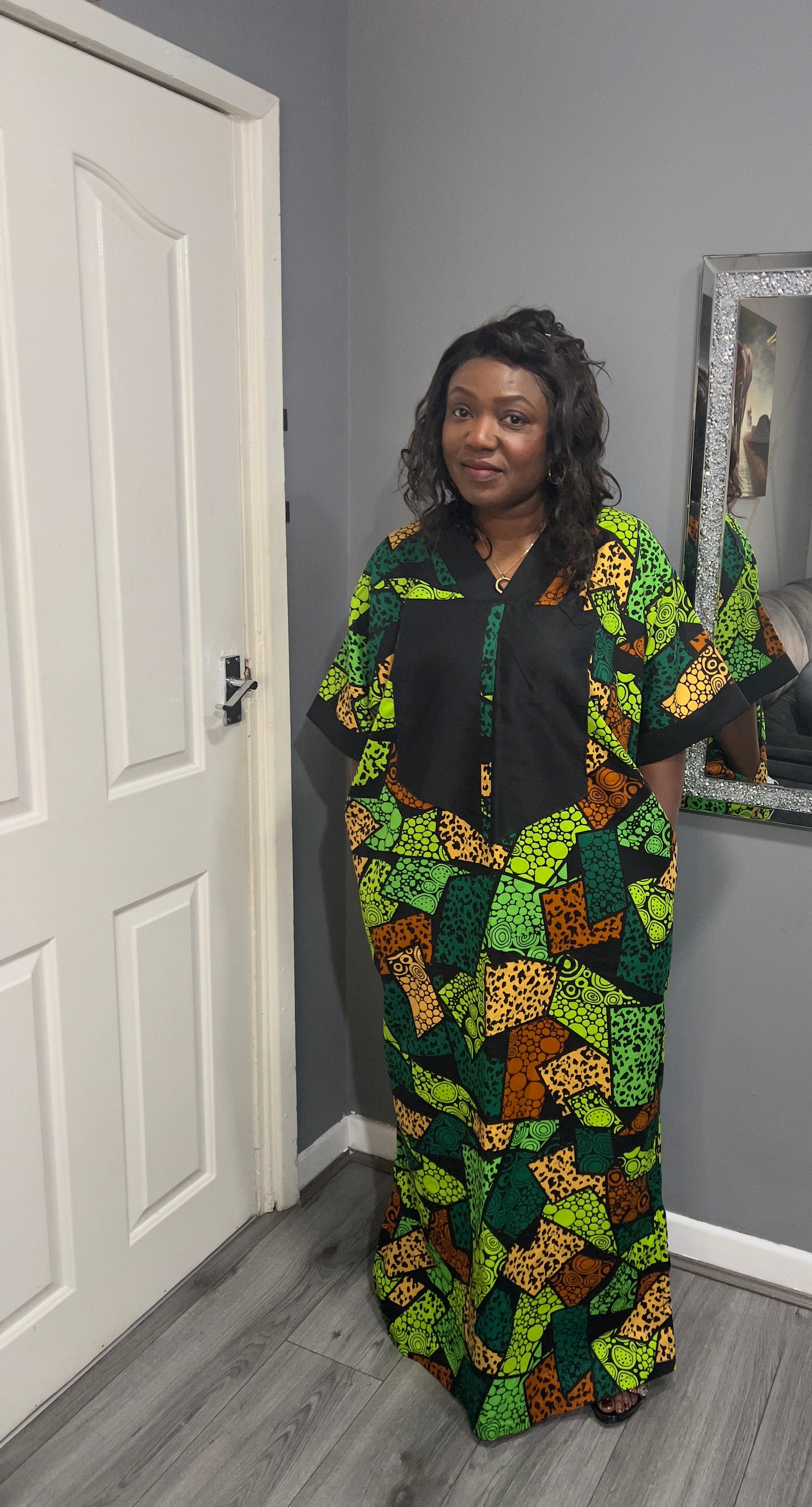 Green and Black Ankara Mixed with Black Material Free Maxi Kaftan
