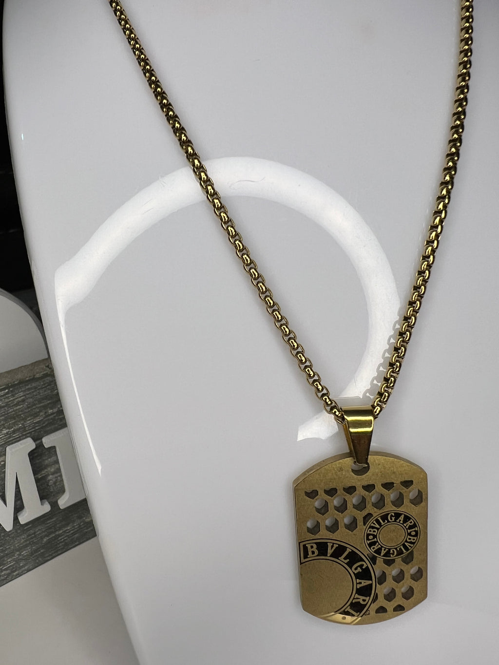 Men's Stainless Steel BVLGARI Design Pendant - Gold Colour - 24 Inches