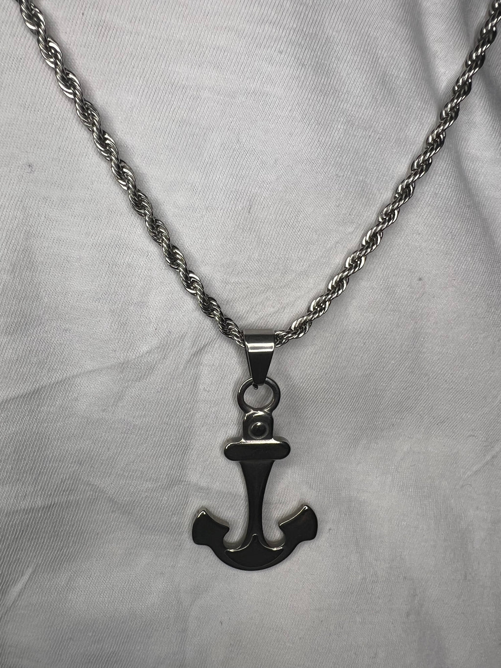 Men's Twisted Stainless Steel and Anchor Pendant Silver Necklace - 24 Inches