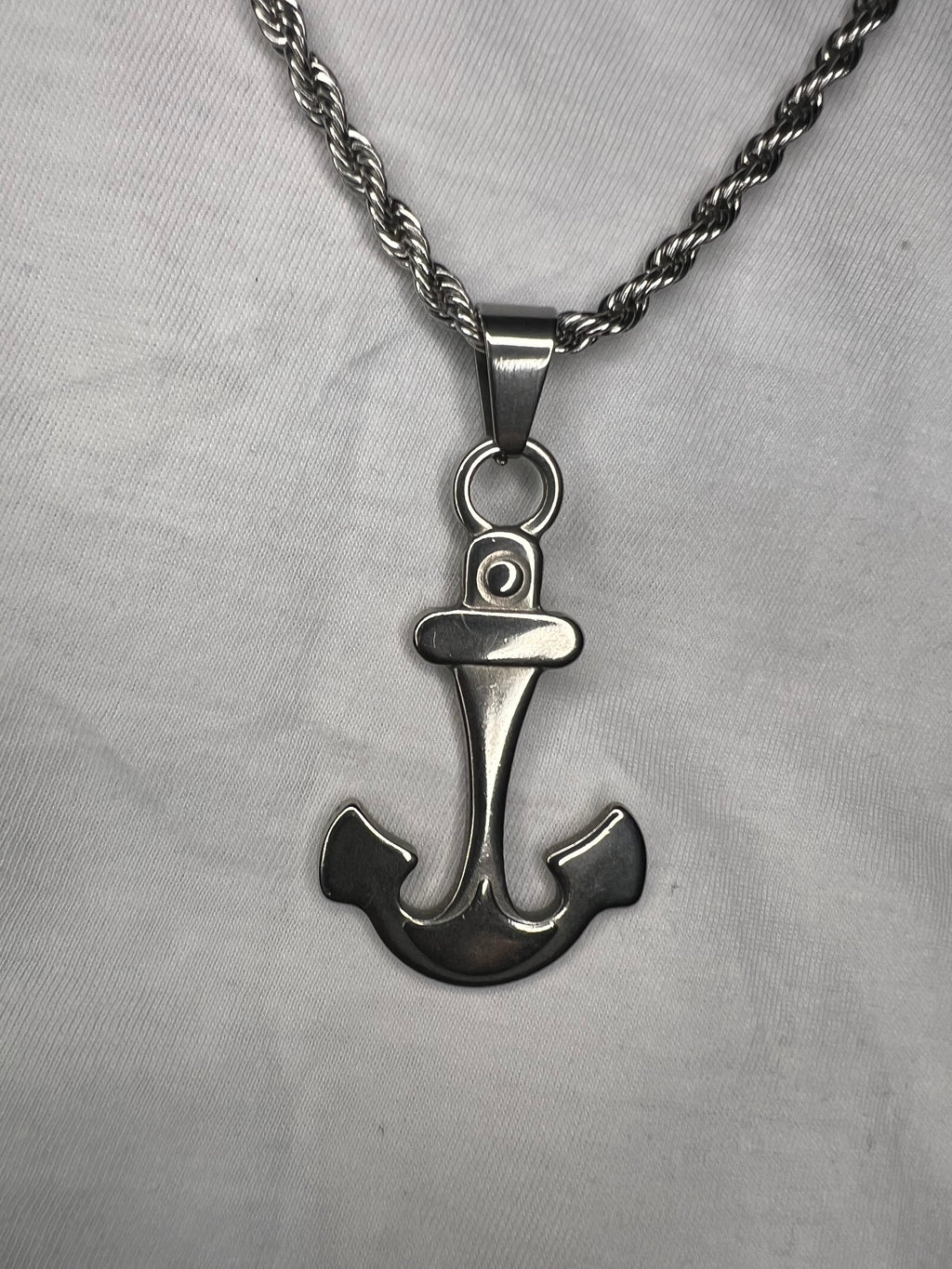 Men's Twisted Stainless Steel and Anchor Pendant Silver Necklace - 24 Inches