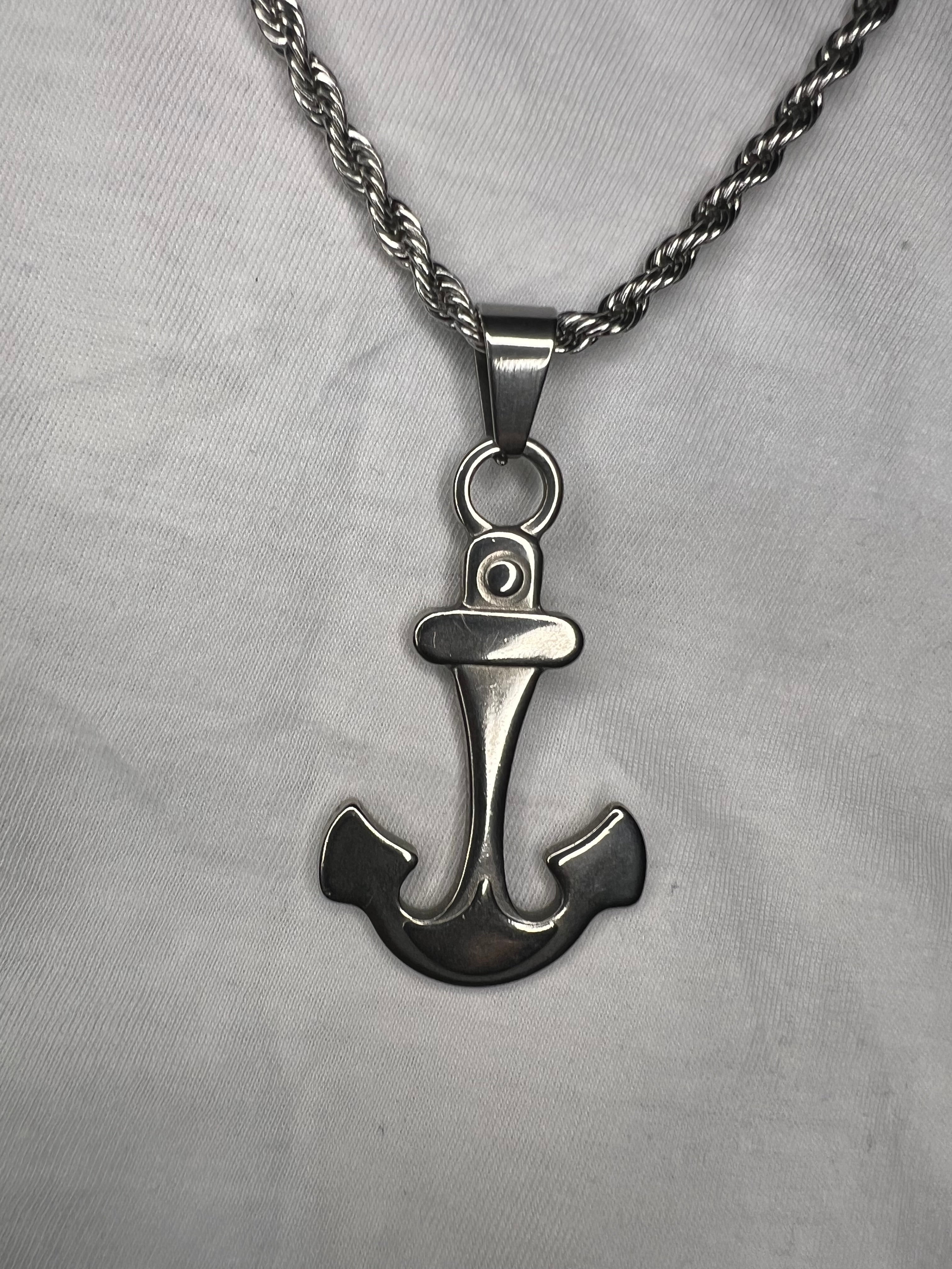 Men's Twisted Stainless Steel and Anchor Pendant Silver Necklace - 24 Inches