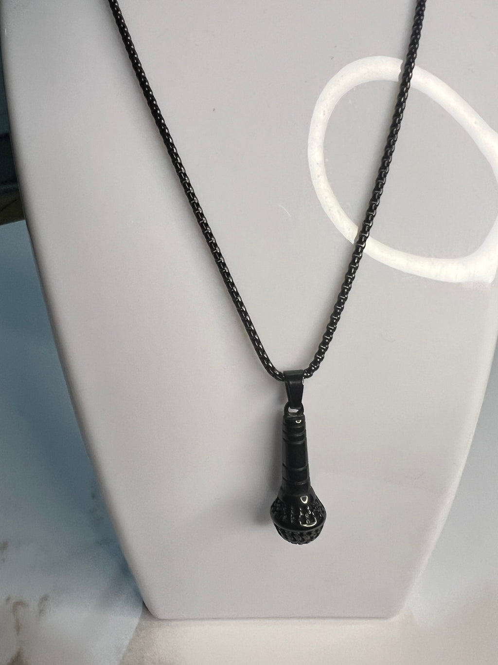 Stainless Steel Men's Necklace with Microphone Pendant - Black