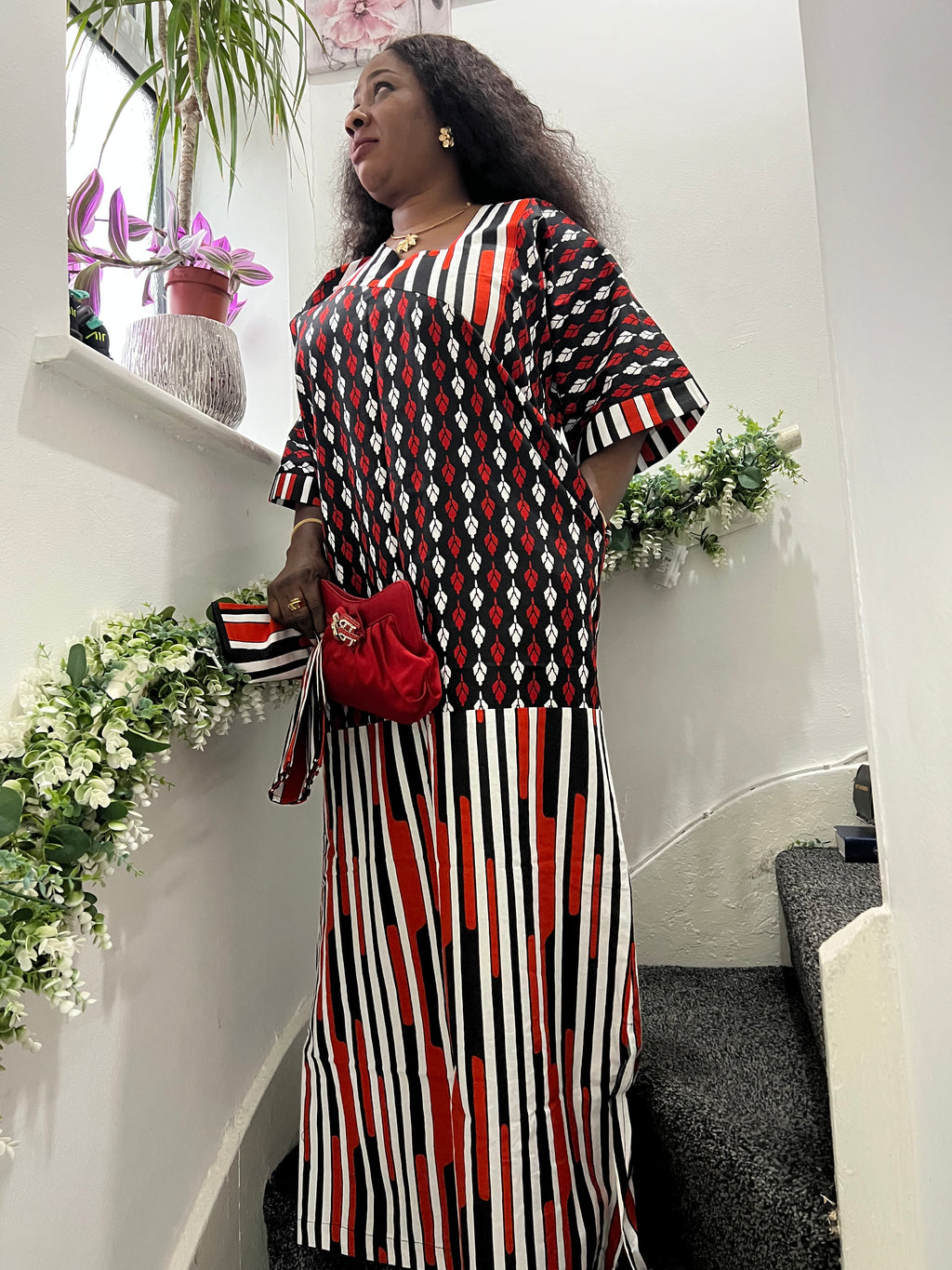 African Ankara High Target Kaftan - Red, White & Black - UK Size 10/12/14