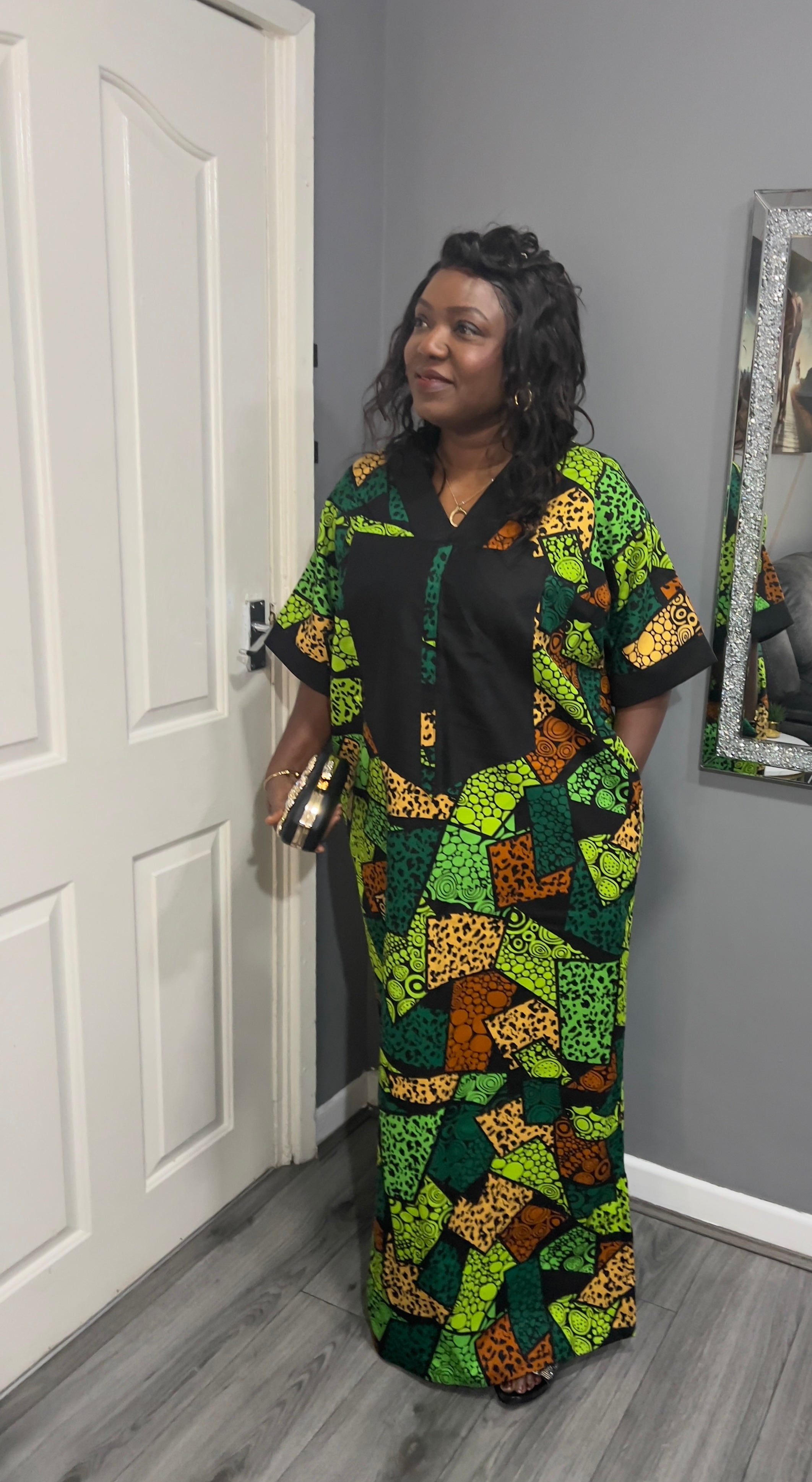 Green and Black Ankara Mixed with Black Material Free Maxi Kaftan