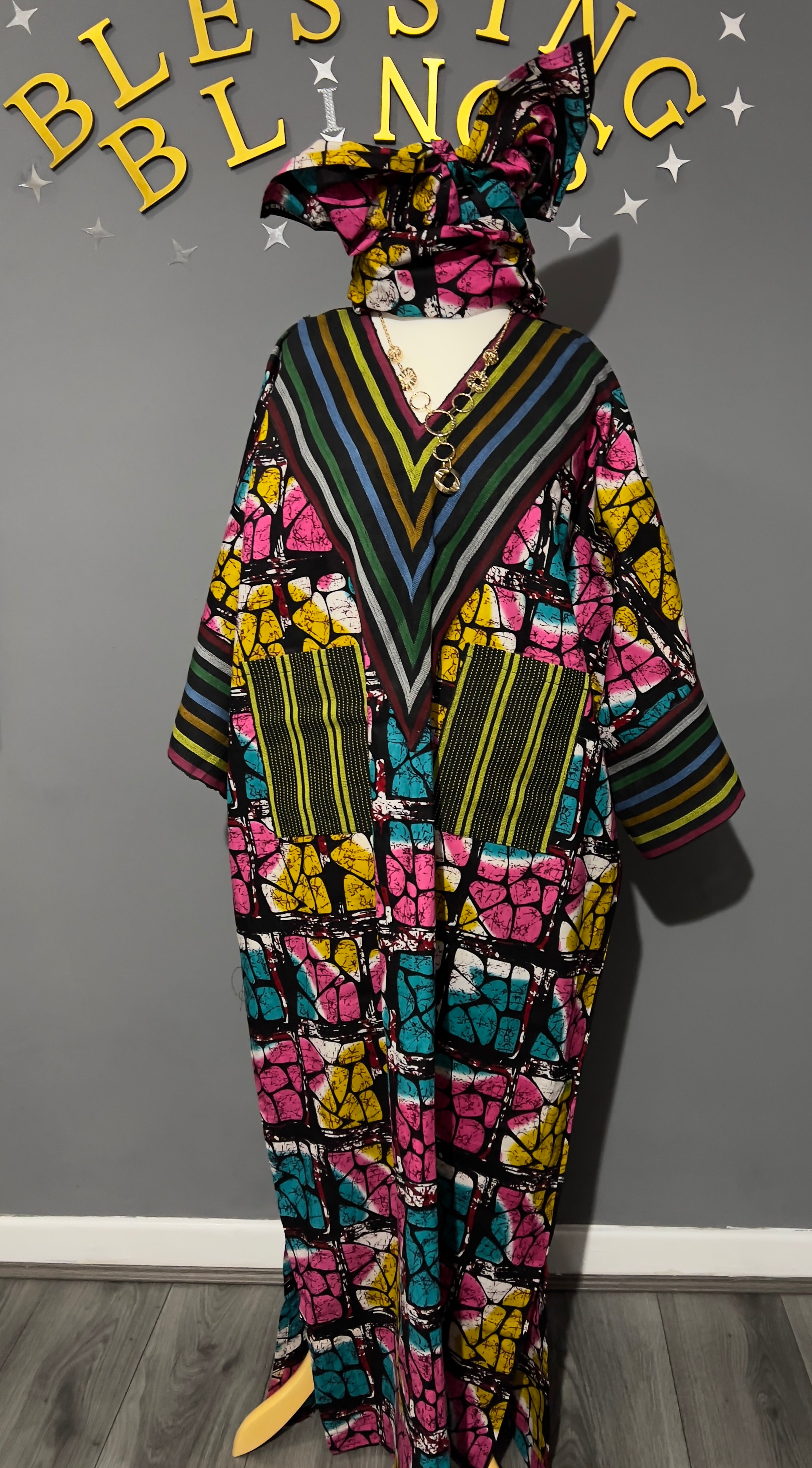 Ankara Boubou ready to wear white and black ankara pure cotton mix with red aso oke V Neck