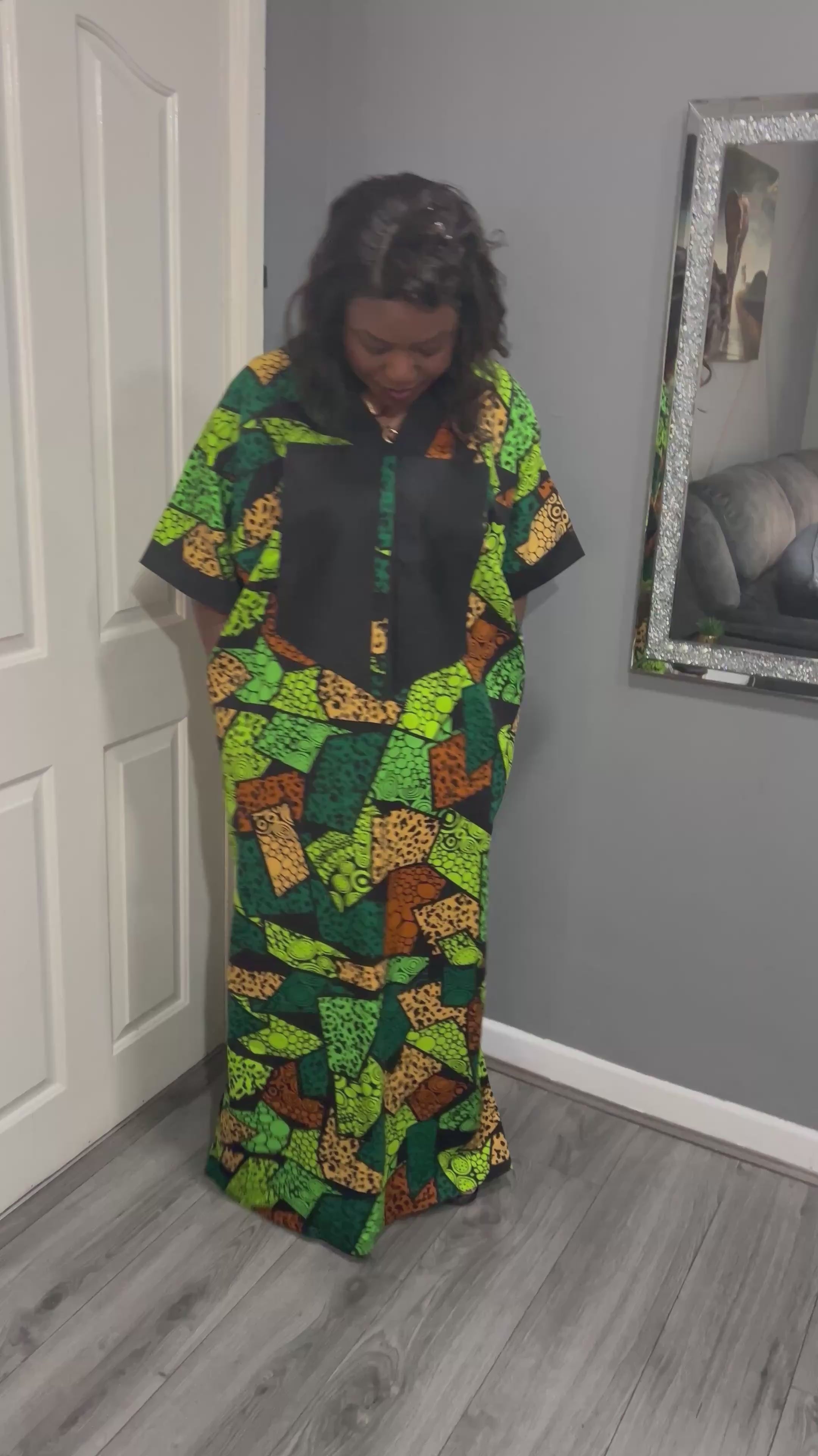 Green and Black Ankara Mixed with Black Material Free Maxi Kaftan