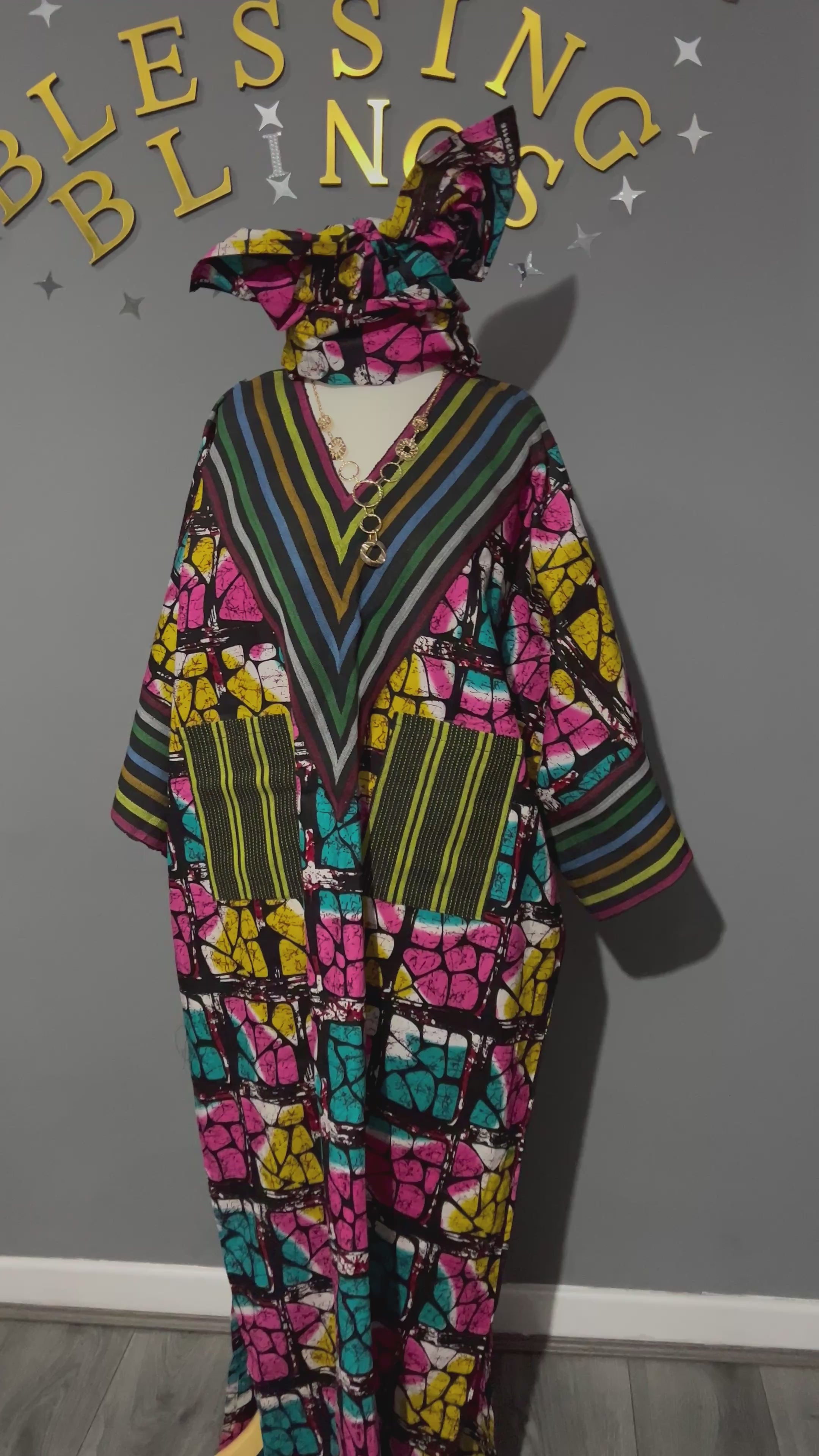 Ankara Boubou ready to wear white and black ankara pure cotton mix with red aso oke V Neck